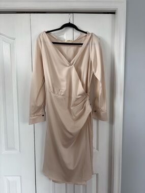 Long-Sleeve Cream Faux-Wrap Midi Dress with Side Drape